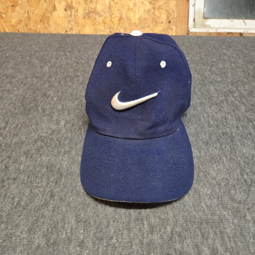 Vintage 90s Nike Center Swoosh Hat Navy Blue Embroidered Swoosh Wool Blend Strap